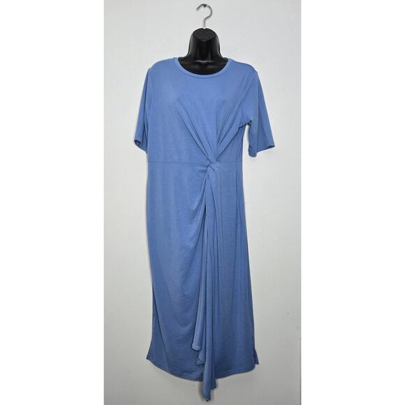 Betabrand Dress Size Large Blue Jersey Knit Twisted Knot Draped Sheath - Picture 2 of 8
